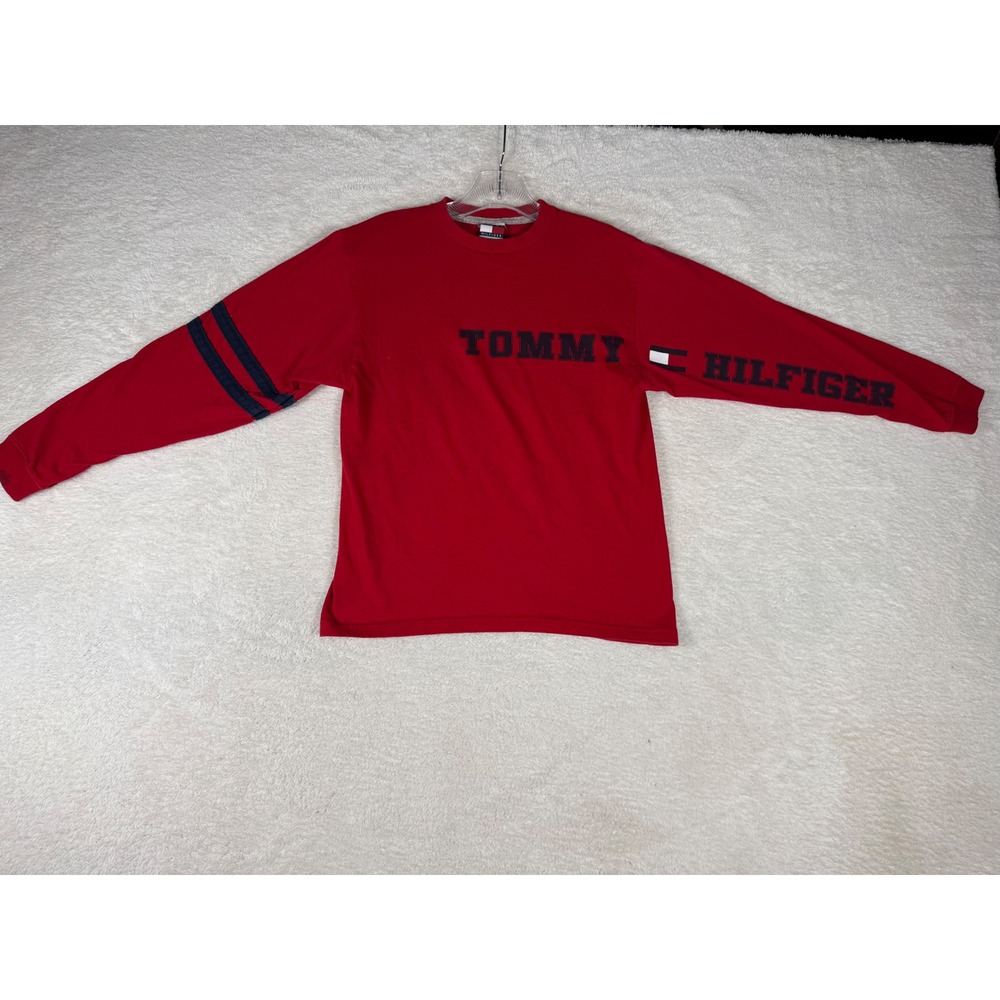 Tommy Hilfiger Long Sleeve Shirt Kids Size M Red y2k Logo Varsity Sporty Tee